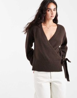 Pieces Pieces tie side knit sweater in chocolate brown