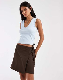 Pieces PIECES tie side woven mini skirt in chocolate brown