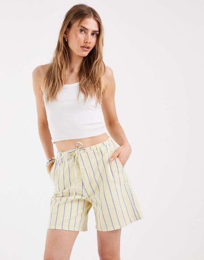 Pieces PIECES tie waist denim shorts in yellow and blue stripes