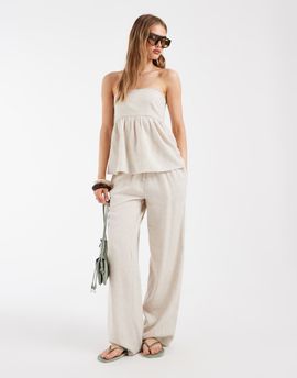 Pieces PIECES tie waist linen blend pants in cream melange - part of a set-White