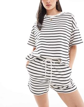 Pieces Pieces tie waist sweatshirt fabric shorts in black and white stripe - part of a set-Multi