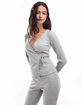 Pieces Pieces wellness mix & match lettuce edge wrap front cardigan in light gray