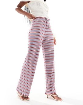 Pieces Pieces wide leg ribbed pants in blue and burgundy stripe-Multi