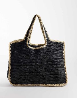 Pieces Pieces woven straw beach bag in black with natural edges