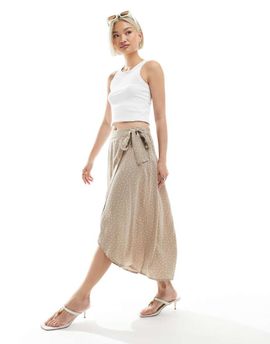 Pieces Pieces wrap midi skirt in crockery beige spot print-Neutral