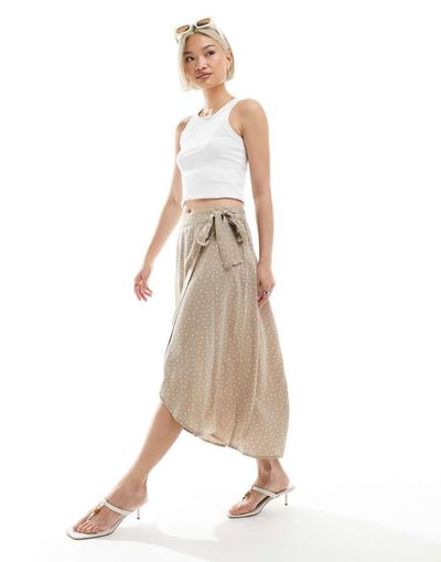 Pieces Pieces wrap midi skirt in crockery beige spot print-Neutral