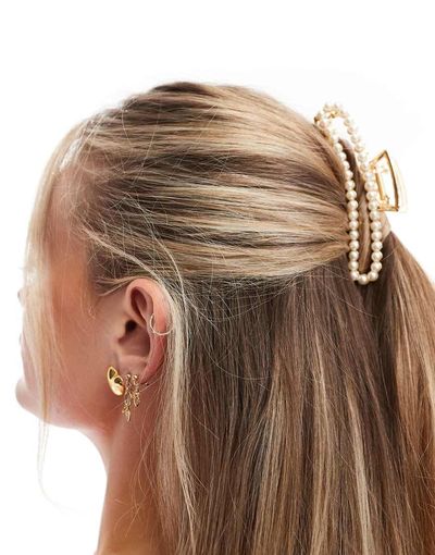 Pieces Pieces XL rectangle pearl hair claw clip in white gold