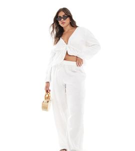 Pieces Plus Pieces Curve crinkle cotton wide leg pants in cloud white - part of a set