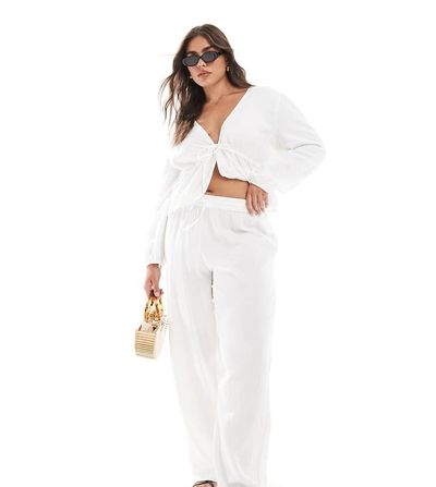 Pieces Plus Pieces Curve crinkle cotton wide leg pants in cloud white - part of a set