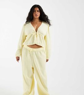 Pieces Plus PIECES Curve crinkle cotton wide leg pants in pastel yellow - part of a set