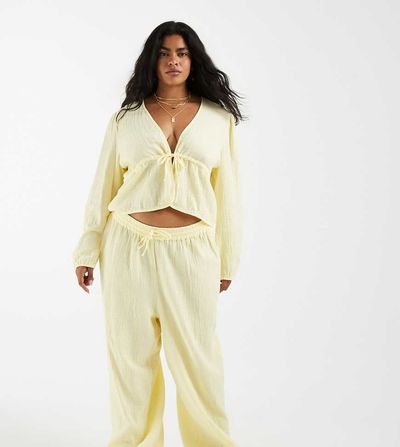 Pieces Plus PIECES Curve crinkle cotton wide leg pants in pastel yellow - part of a set