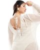 Pieces Plus Pieces Curve open knit beach midi dress with bell sleeves in cream-White - 3