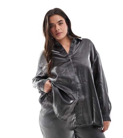 Pieces Plus Pieces Curve oversized shirt in metallic gray - part of a set