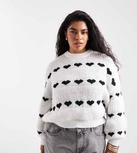 Pieces Plus Pieces Curve patterned heart knit sweater in black and white