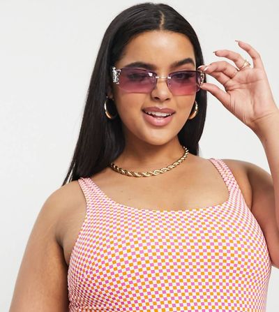 Pieces Plus Pieces Curve scoop neck bikini top in pink checkerboard-Multi