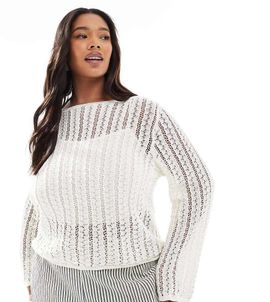 Pieces Plus Pieces Curve self stripe crochet knit crop top in cloud white