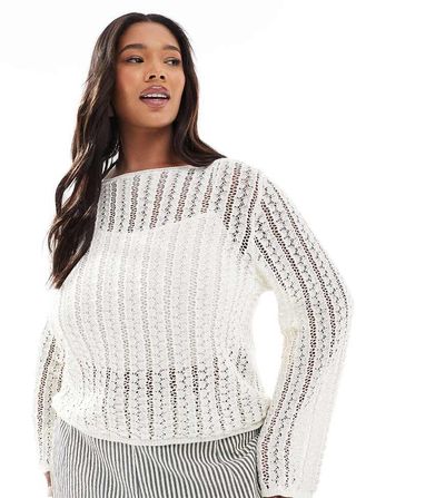 Pieces Plus Pieces Curve self stripe crochet knit crop top in cloud white