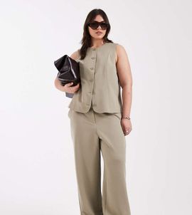 Pieces Plus PIECES Curve tailored high waist wide leg pants in pale khaki green - part of a set
