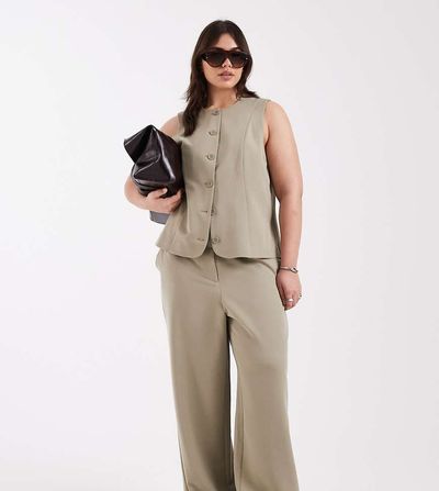 Pieces Plus PIECES Curve tailored high waist wide leg pants in pale khaki green - part of a set