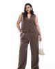 Pieces Plus PIECES Curve tailored multiway button leg pants in chocolate brown - part of a set - 1