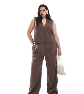 Pieces Plus PIECES Curve tailored multiway button leg pants in chocolate brown - part of a set