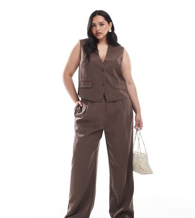 Pieces Plus PIECES Curve tailored multiway button leg pants in chocolate brown - part of a set