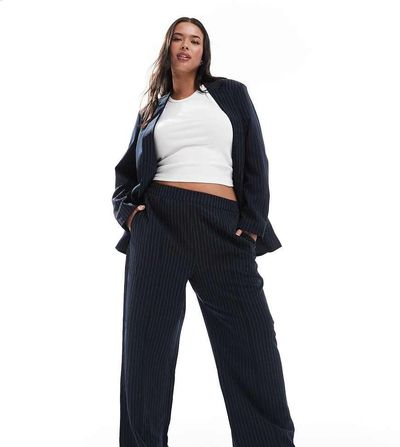 Pieces Plus Pieces Curve tailored pants in navy pinstripes - part of a set-Black