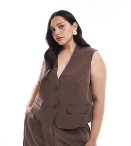 Pieces Plus PIECES Curve tailored vest in chocolate brown - part of a set