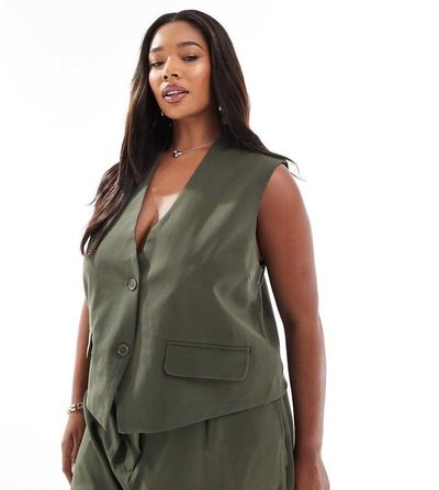 Pieces Plus Pieces Curve tailored vest in khaki green - part of a set