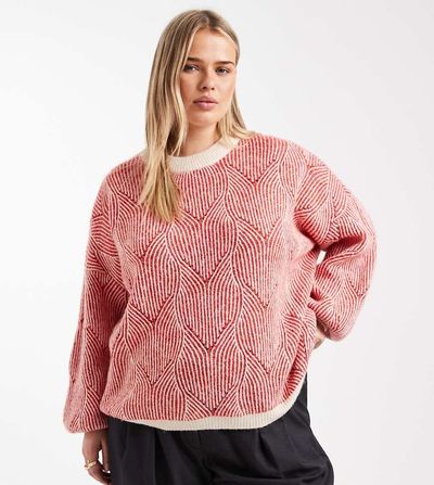 Pieces Plus Pieces Curve textured detail knit sweater in contrast red and cream