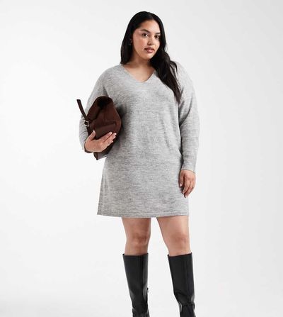 Pieces Plus Pieces Curve v-neck mini sweater dress in light gray