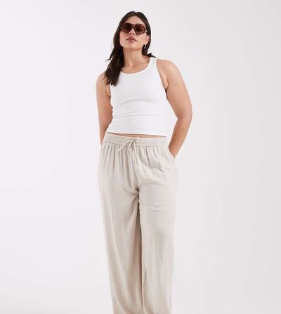 Pieces Plus Pieces Curve wide leg linen touch pants in birch melange-White