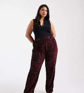 Pieces Plus Pieces Curve wide leg velour sequin pants in burgundy-Red