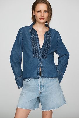Pilcro 100% Cotton Denim Ruffled Buttondown Shirt
