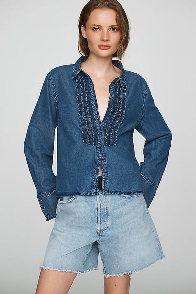 Pilcro 100% Cotton Denim Ruffled Buttondown Shirt