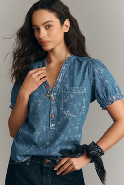 Pilcro Aly Denim Puff-Sleeve Heart Blouse by Pilcro