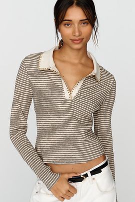 Pilcro Cotton Blend Stitchy Stripe Polo Tee
