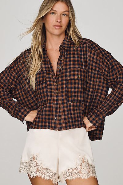 Pilcro Cropped Plaid Shirt Top