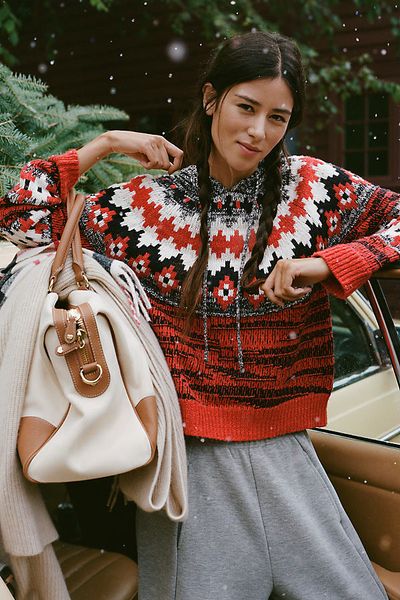 Pilcro Fair Cotton Wool Blend Fair Isle Hooded Sweater