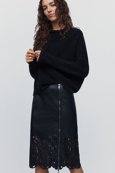 Pilcro Faux Leather Cutwork Midi Skirt
