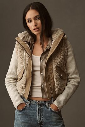Pilcro Hooded Sherpa Fleece Sweater Jacket