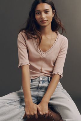 Pilcro Ruffled V-Neck Half-Sleeve Tee