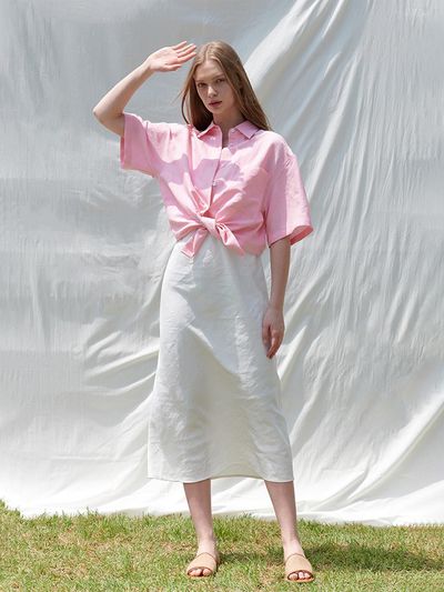 PINBLACK Semi-overfit linen half-sleeve shirt pink