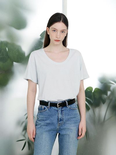 PINBLACK soft U neck short-sleeved T-shirt blue