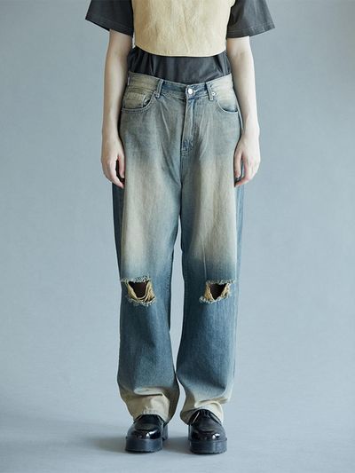 PINBLACK Vintage Dirty Destroyed Denim Pants