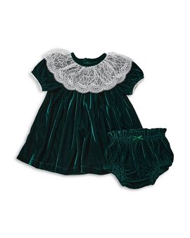 Pink Chicken Pink Chicken Girls' Caroline Evergreen Velour & Lace Trim Dress & Bloomers Set