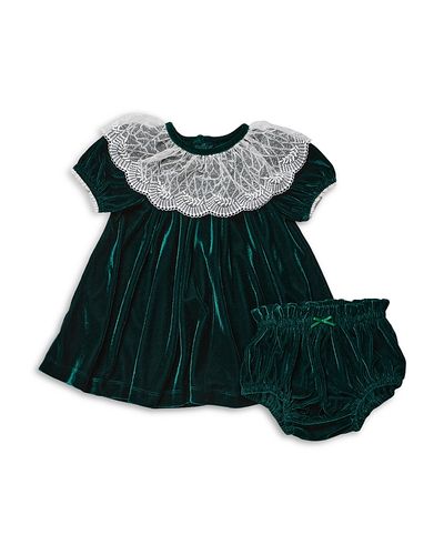 Pink Chicken Pink Chicken Girls' Caroline Evergreen Velour & Lace Trim Dress & Bloomers Set