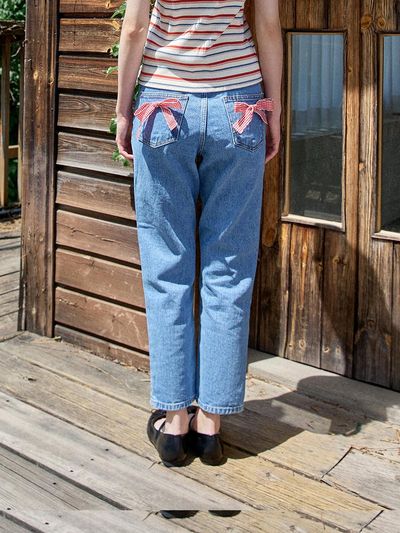 PINK PINEAPPLE Check Ribbon Denim Pants_Indigo