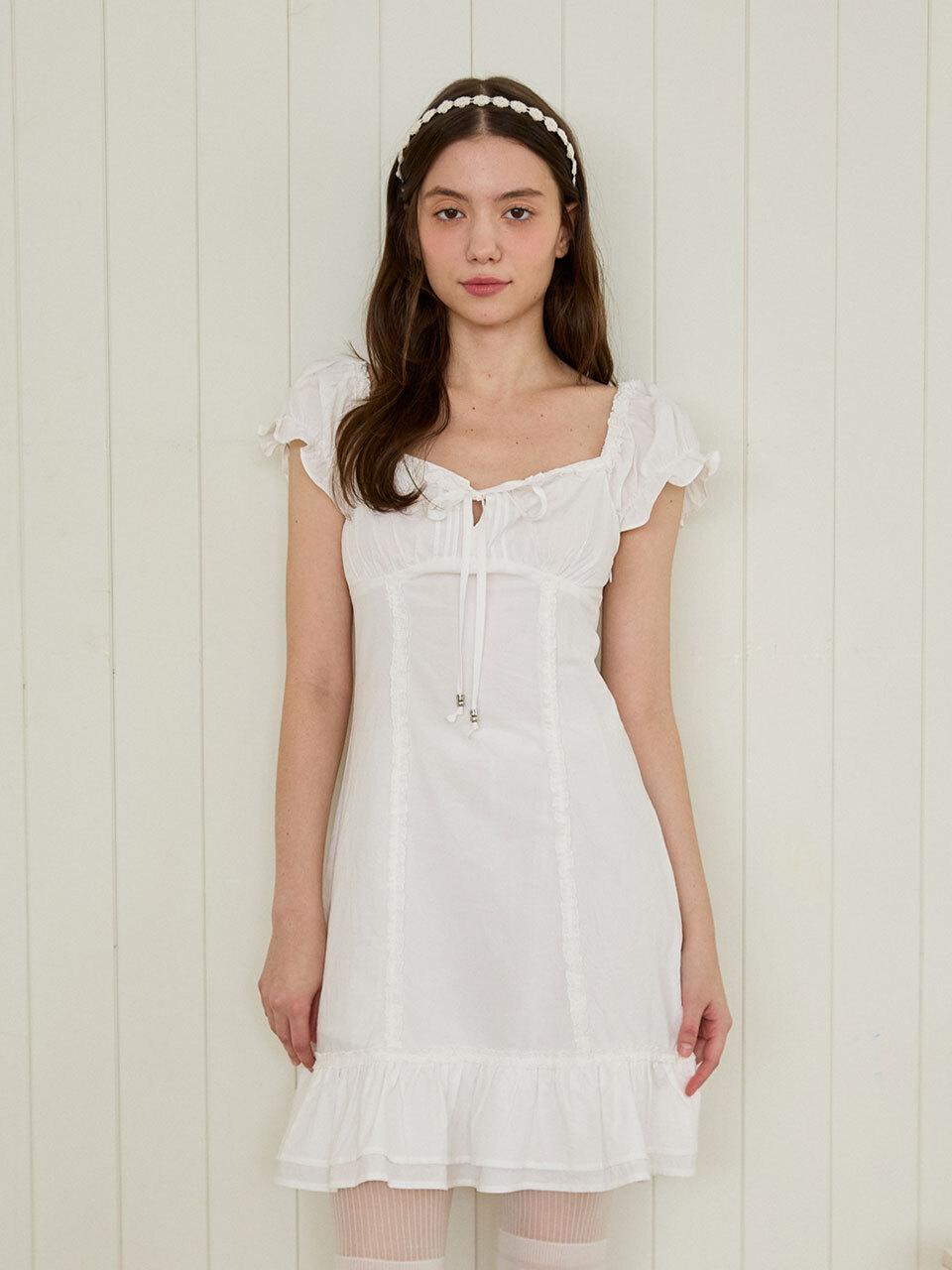 PINK PINEAPPLE Petite Puff Frill Cotton Dress [Beige]