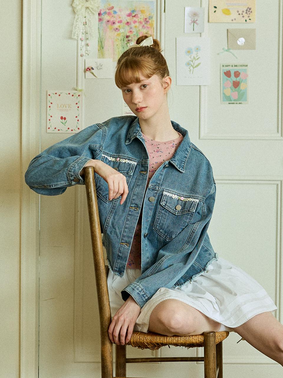 PINK PINEAPPLE ROSETTE DENIM JACKET_INDIGO